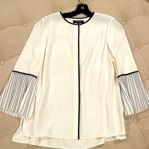 Anne Klein White Blouse with Black Trim and Pleated Cuffs